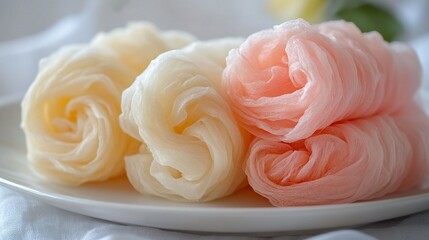 Close-up of pastel pink and white rolled desserts on a plate.
