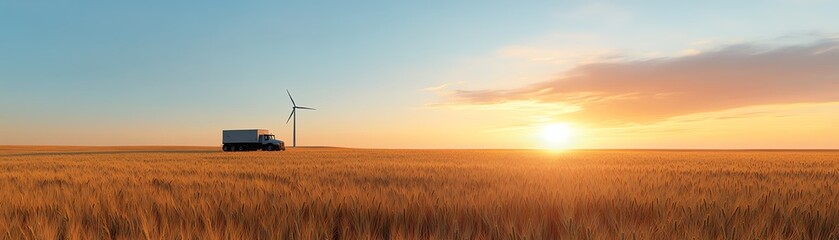 Obraz premium A solitary wind turbine standing tall in a golden wheat field during sunset