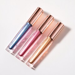Elegant Close-Up of Three Metallic Lip Glosses on white background