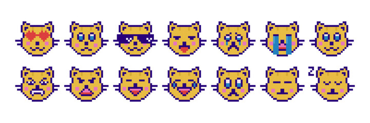 Set of pixel cats, pack of pixel emojis. Cute and funny faces, vector icons, 8 bits, collection of 14 yellow cats.