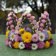 Obraz premium Multicolored floral crown on green grass with blurred trees