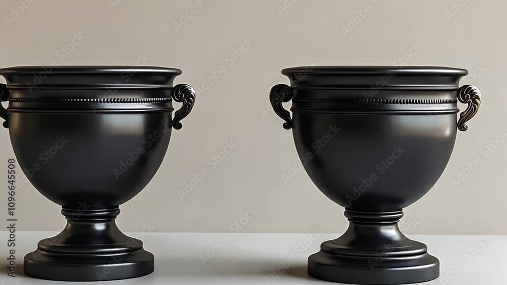 Leinwandbilder The display features two intricately designed black urns with handles, positioned symmetrically on a smooth surface. The light backdrop enhances their elegance and details.