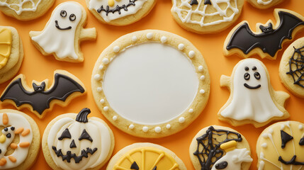Delicious Halloween-themed sugar cookies decorated with ghosts, bats, pumpkins, and spiders.  Perfect for autumn celebrations and festive baking.