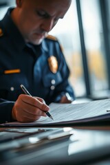 Close-up of a police officer preparing a report in a bright office