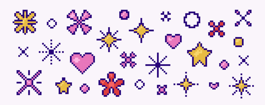 Set of pixelated design elements: stars, hearts, flowers, circles. Various shapes with raster pixelization effect. Retro shapes game design, vector 8-bit illustration.