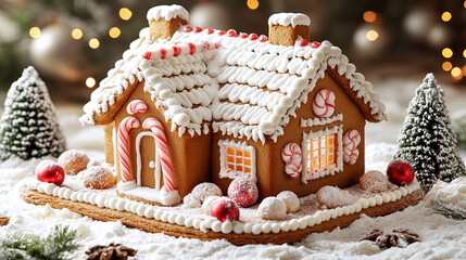 Gingerbread house decorated with candy canes and colorful icing, Christmas themed winter holiday
