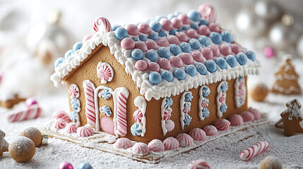 Gingerbread house decorated with candy canes and colorful icing, Christmas themed winter holiday