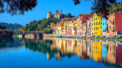 Fototapeta premium Colorful Italian Village Reflected in Calm Water, Picturesque Stone Bridge and Medieval Castle in Background