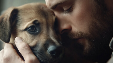 Man cradling puppy with tenderness