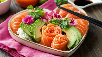 A beautiful heart shaped sushi arrangement featuring salmon sashimi, avocado slices, and vibrant floral decorations, showcasing culinary artistry
