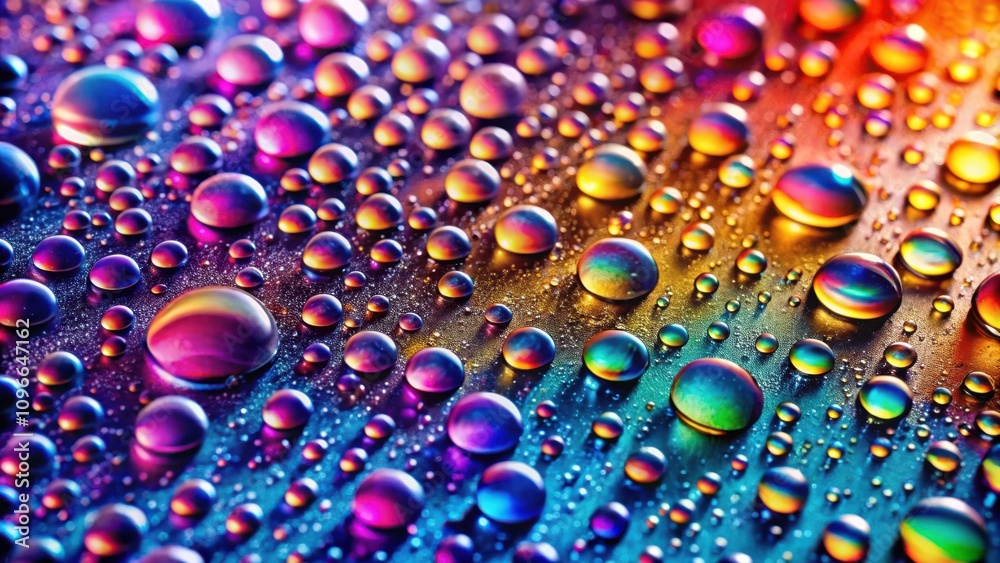 Poster A vibrant and mesmerizing display of water droplets, each reflecting a kaleidoscope of colors, creating a mesmerizing and dynamic composition.
