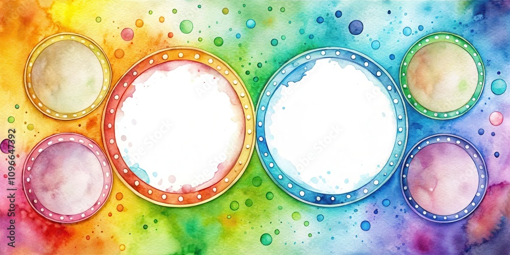 Poster A rainbow watercolor background with circular frames with white polka dots and a splatter effect