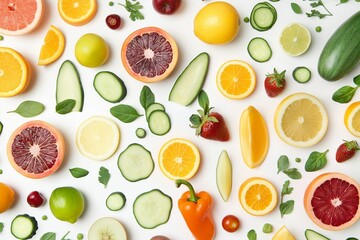 A colorful array of fresh fruits and vegetables arranged in a visually appealing pattern, with vibrant colors and textures that pop against a white background. 32k, full ultra hd, high resolution -