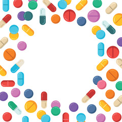 Medical drug round frame. Pharmacy pills border