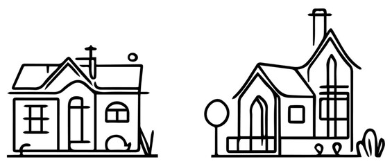 Fototapeta premium Minimalist House and Church Line Art Vector Design - Black and White. house. church. line art. minimalist. icon. vector.