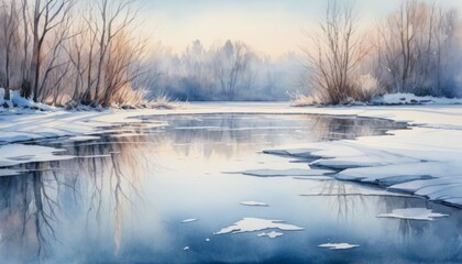 Serenity captured in a watercolor illustration of a frozen pond surrounded by soft winter light and gentle reflections