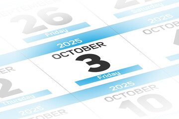 Fototapeta premium 3 October 2025 year date calendar day illustration