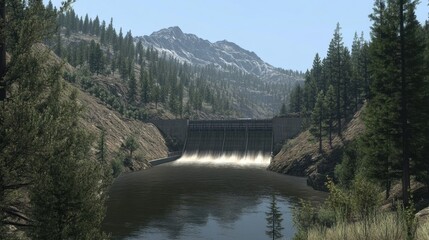 Torrents of water powering a hydroelectric dam amidst a serene mountain landscape, with clear skies and dense forest framing the scene.