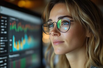 Focused businesswoman analyzing financial data on a computer screen