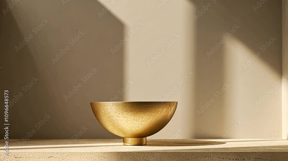 Fototapete a golden bowl stands alone on a minimalist shelf, illuminated by warm afternoon light. the soft shad
