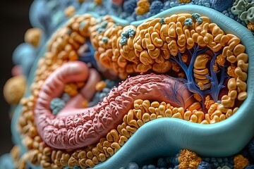 Fototapeta premium A highly detailed, colorful 3D rendering of an intestinal tract.