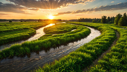 Fototapeta premium Coucher de soleil sur la rivière sinueuse
