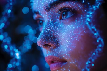 Close-up portrait of a woman's face illuminated with glowing blue particles, futuristic digital art