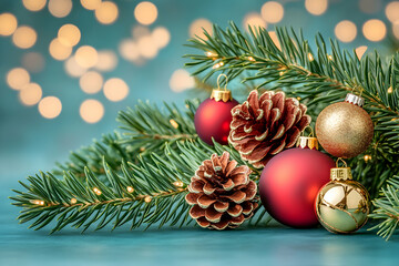 Festive Christmas decoration with pine branches, red and gold baubles, pine cones, and warm bokeh lights. Perfect for holiday cards and winter celebrations.