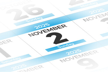 Fototapeta premium 2 November 2025 year date calendar day illustration