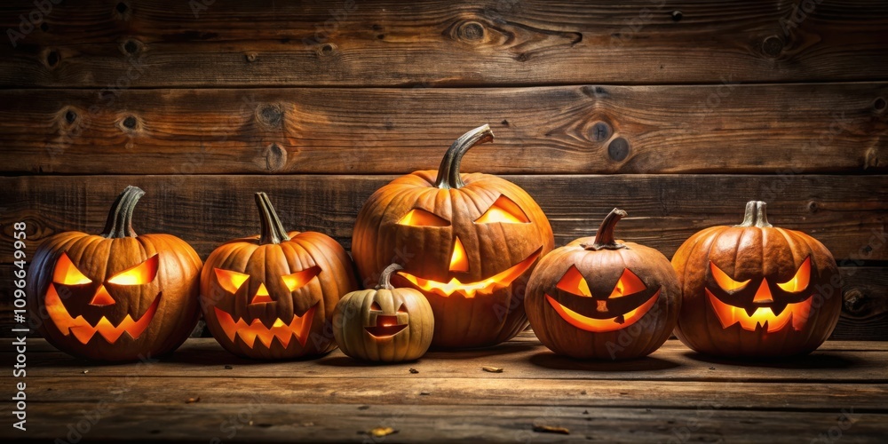 Poster A row of glowing jack-o-lanterns with carved faces illuminate a rustic wooden backdrop, creating a spooky yet playful Halloween atmosphere.