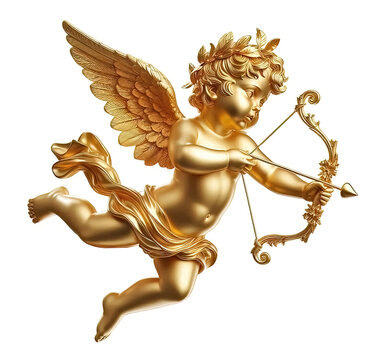 Gold metal decorative cupid isolated on white  background, beautiful Baroque golden cupid with ornaments.