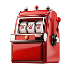 A vibrant red slot machine featuring three reels, each depicting the lucky number seven, symbolizing chance and gambling excitement.