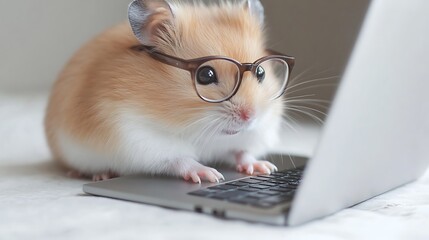 Close-up Photo of a Cute Hamster Wearing Glasses, Typing on a Laptop Against a White Background with Soft Lighting – High-Quality, High-Detail Image