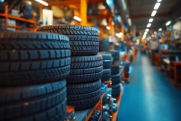 Stacks of new car tires in a well-organized automotive parts warehouse