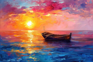 fishing boats on the lake at sunset, oil painting