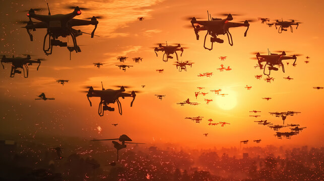 A swarm of military drones in action, future battlefield concept.