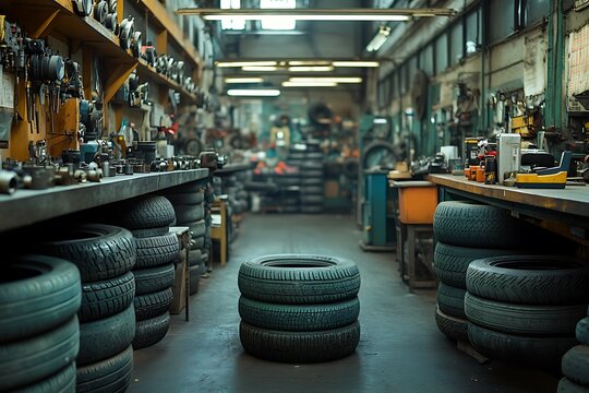 Stacks of tires line a dimly lit garage workshop