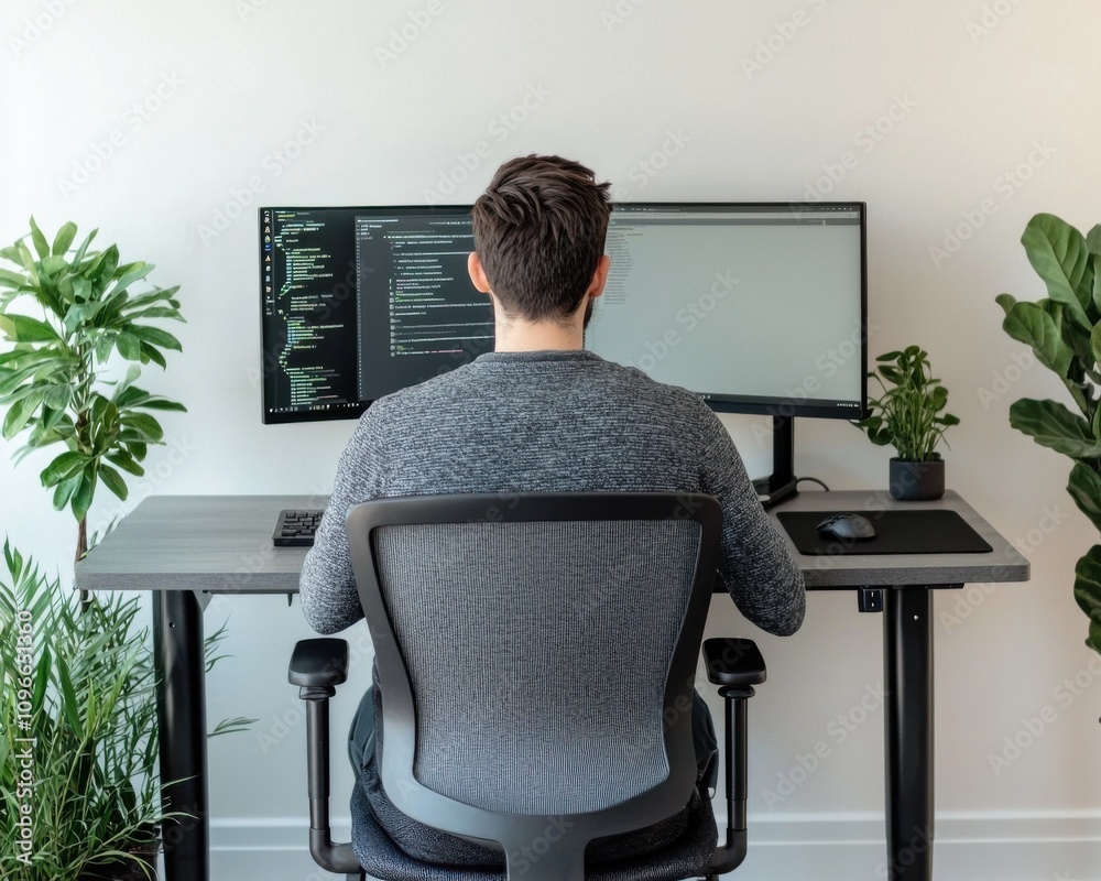 Poster remote work setup coding session modern home office digital workspace indoor environment rear view p