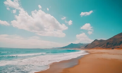Idyllic beach scene with turquoise water lapping a sandy shore under a bright blue sky dotted with fluffy clouds and mountains in the background.