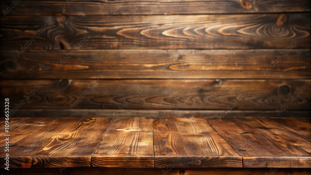 Poster rustic wooden table with a blurred background of weathered planks, perfect for showcasing your produ