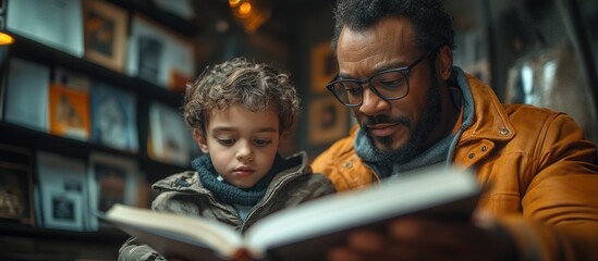 Obraz premium Father and Son Reading Together: A Moment of Shared Love and Learning