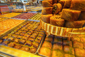 a showcase with sweets in a pastry shop, Turkish delight, baklava, etc.