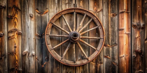 A weathered wooden wagon wheel mounted against a rustic wooden wall, the spokes radiating out like a sunburst, showcasing the beauty of weathered wood and craftsmanship.