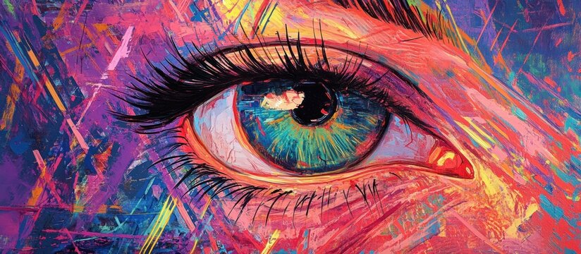 A vibrant, abstract depiction of an eye with colorful swirls and textures.