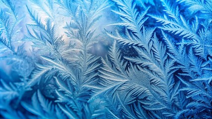 Stunning Close-up of Frost Patterns on Ice with Cool Blue Background Showcasing Intricate Textures and Natural Beauty of Winter Season