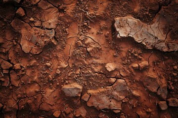 Scattered rocks and stones on arid, reddish soil. Dry terrain texture with earthy tones and coarse granules. Top-down photography of a desert-like landscape for backgrounds and environmental design.