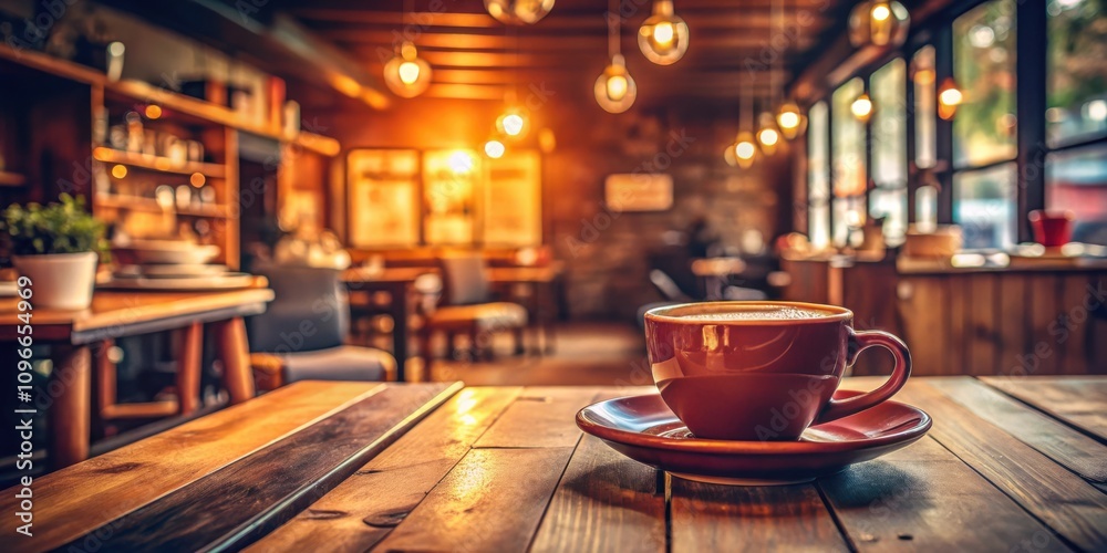 Poster a single cup of coffee sits on a wooden table in a cozy cafe setting, bathed in warm light filtering