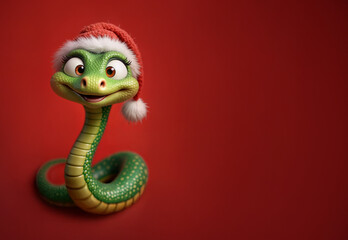 Fototapeta premium Green funny snake with Santa hat on red background. Symbol of 2025 year. Year of the snake. Mockup