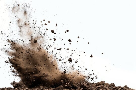 Close-up of soil particles scattering and exploding into the air on a white background. Dynamic motion capture symbolizing energy, nature, and impact.