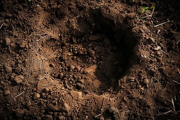 Fototapeta premium A freshly dug hole in dark soil, surrounded by loose dirt and dry organic material. Close-up of excavation for gardening or planting.